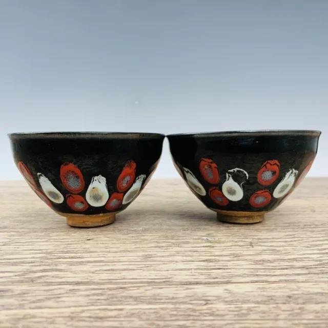 5.1" Song dynasty jian kiln Porcelain A pair Black Fambe speckle jianzhan Teacup