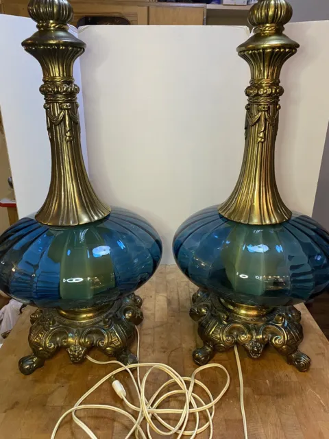 Vintage Blue Hollywood Regency Teal Optic Petticoat Glass Lamp Pair Mid Century