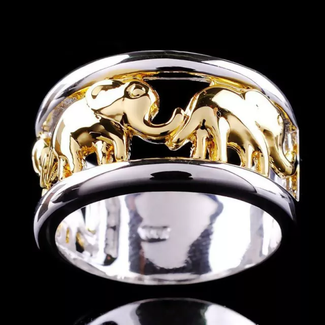 Beautiful Ring With Pretty Elephants Of Stainless Steel And Gold