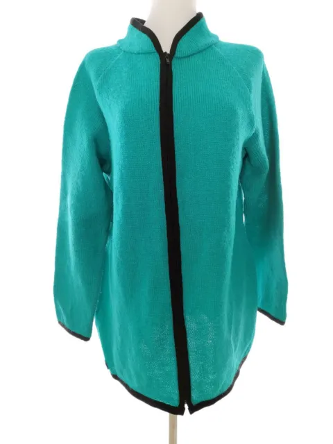 TOVE NYBORG NORWAY Size L Turquoise Full Zip Cardigan Wool 100% Knit Mock Neck