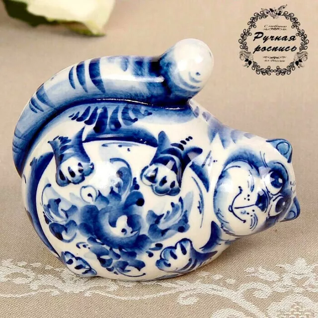 Figurine chat couché - Statuette en porcelaine russe Gjel - Chaton porcelaine