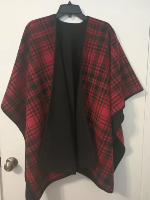 WOMENS REVERSIBLE BLANKET Cape Shawl One Size Black/Red Plaid Soft Wrap ...