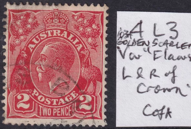 Australia, KGV, 1931, 2d Red, Die 3, CofA Wmk, Minor Variety 4L3, Used.