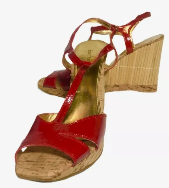 Enzo Angiolini Emma T-strap Cork & Bamboo Wedges Red Leather 10 M