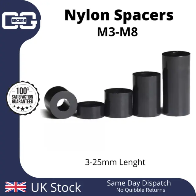 Distanziatori in plastica in nylon nero M3 | M4 | M5 | M6 | M8 | 3-25 mm