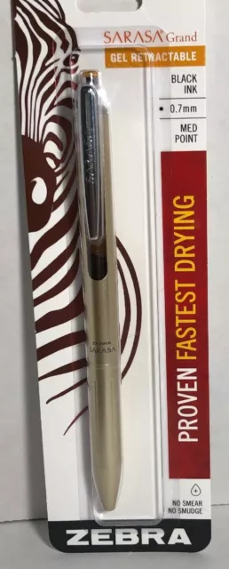 Retractable Gel Pen Gold Barrel .7mm, Blk Ink Zebra Sarasa Grand Fast Drying