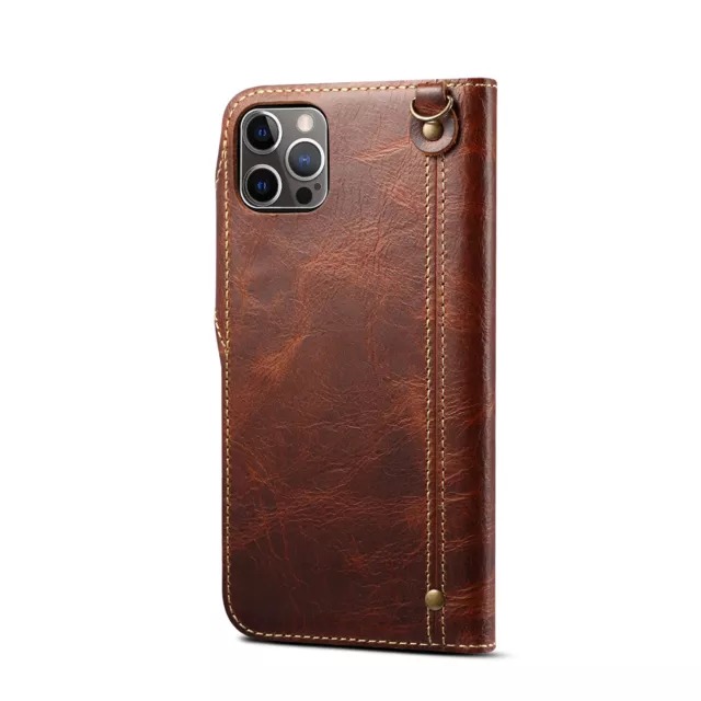 Vintage Genuine Leather Wallet Case Hand Strap Soft Cover for iPhone 14 Pro Max 3