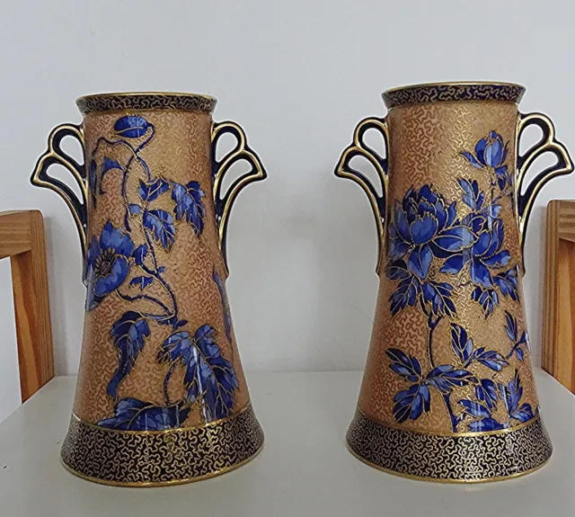 Pair Royal Doulton blue and gold Art Nouveau vases in excellent condition