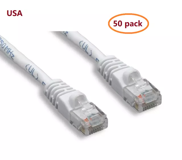 50pcs PTC Cat 6 Patch White Ethernet Internet LAN Network Cable 25 ft Lot 50 pcs