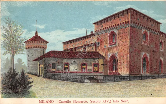 Cartolina Milano Castello Sforzesco lato Nord illustrata 1908