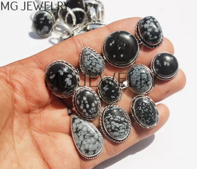 30 Pièces Lot Naturel Flocon de Neige Obsidienne Gemme 925 Plaqué Argent Anneaux