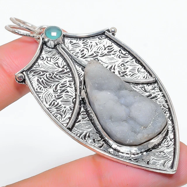 Desert Rose Druzy, Chalcedony 925 Sterling Silver Jewelry Pendant 2.92" Z002
