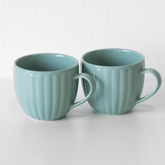 Set of 2 Large Coffee Mugs Duck Egg Blue 420ml Ribbed Stoneware Latte Tea Cups