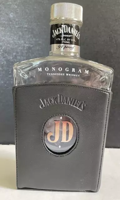 EMPTY Jack Daniel's Whiskey Monogram Bottle w/ Leather Sleeve, Ribbed Cap