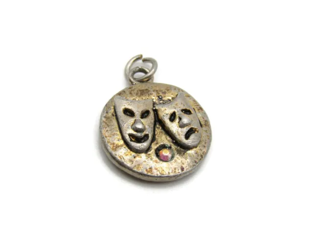 Comedy Tragedy Necklace Charm Rhinestone Inlay Pendant Etched Vintage Gold Tone