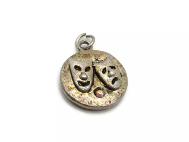 Comedy Tragedy Necklace Charm Rhinestone Inlay Pendant Etched Vintage Gold Tone