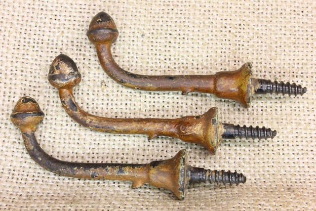 3 Old Single Coat Hooks Farm School House Acorn End Grain Paint Vintage 1850’s 2