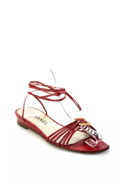 CHANEL WOMENS WEDGE Heel Lace Up CC Strappy Sandals Red Leather Size 39  $279.01 - PicClick