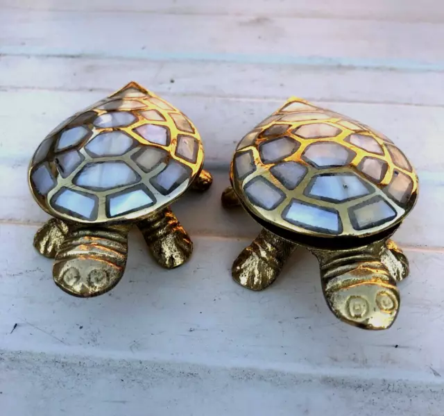 Vintage Set Of 2 Solid Brass Turtle Mother Pearl Lidded Hinge Ashtray Trinket