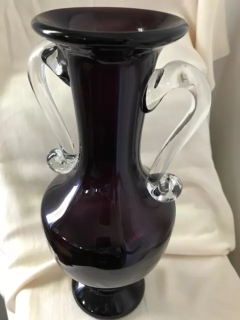 “Wanda” Dark Purple Footed Vase with Clear Glass Scroll Handles