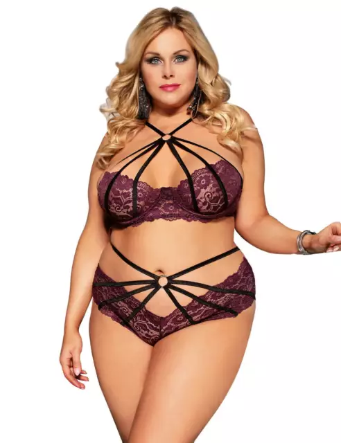 Sexy Plus Size 8-22 Bra & Underwear Set Black Purple Lace Strappy Lingerie