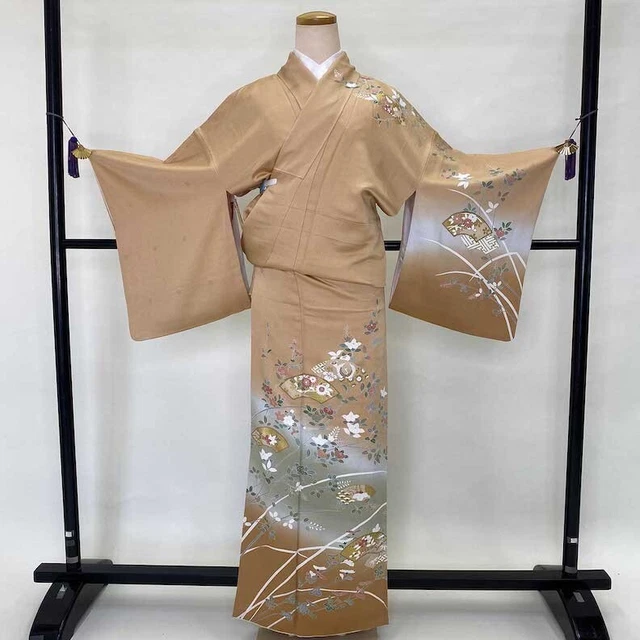 Japanese Kimono "HOUMONGI" Silk M size A rank gray orange crane kimono 1160 2