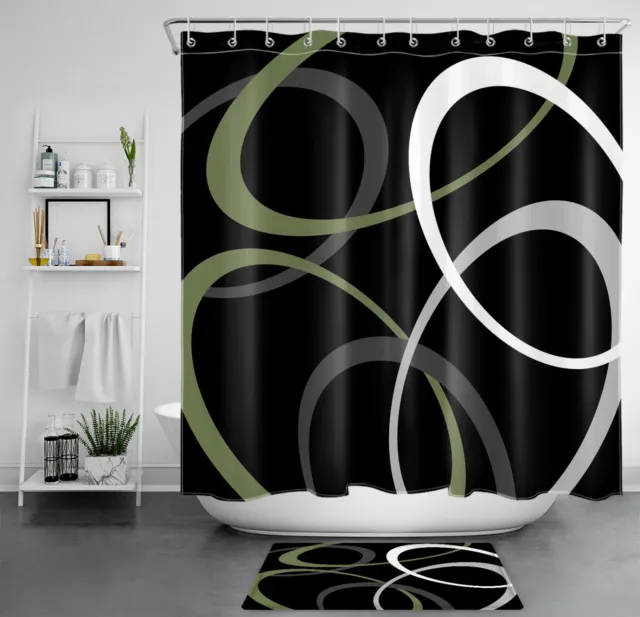 Juego de cortinas de ducha abstracto verde salvia a rayas blanco negro para decoración de baño
