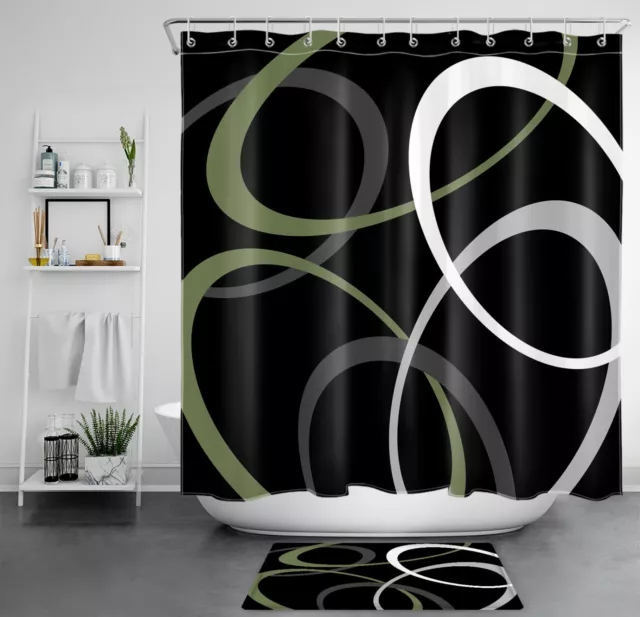 Juego de cortinas de ducha abstracto verde salvia a rayas blanco negro para decoración de baño