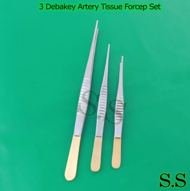 3 Debakey Artery Atraumatic Tissue Vascular Forceps With Gold Handle 6"+7”+9.5”