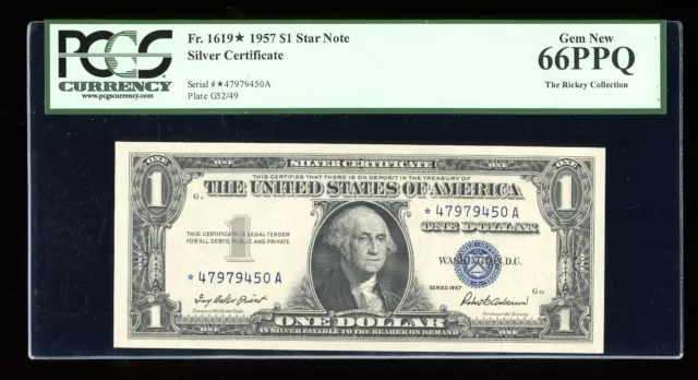 DBR 1957 $1 Silver STAR Gem *A Block Fr. 1619* PCGS 66 PPQ Serial *47979450A