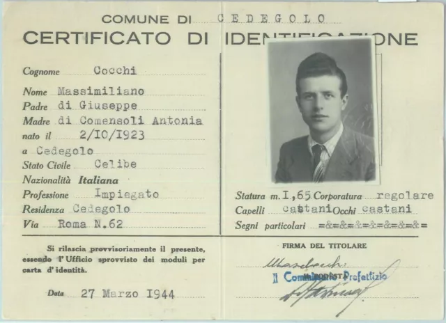 87506 - Vintage document DOCUMENTO D'EPOCA: Carta d'Identità 1944 CEDEGOLO