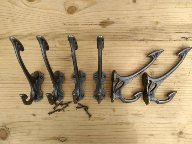 6 X Art Nouveau Style Cast Iron Coat Hooks Vintage Style, Scottish Monroe Hooks.