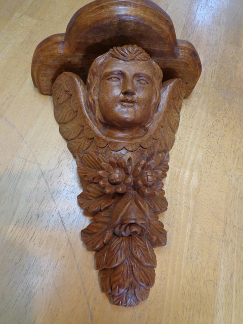 Vintage Carved Solid Wood Cherub Angel Flowers Wall Console Shelf
