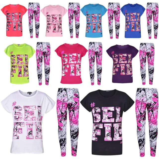Girls Tops Kids #SELFIE Print T Shirt Top & Fashion Splash Legging Set 7-13 Year