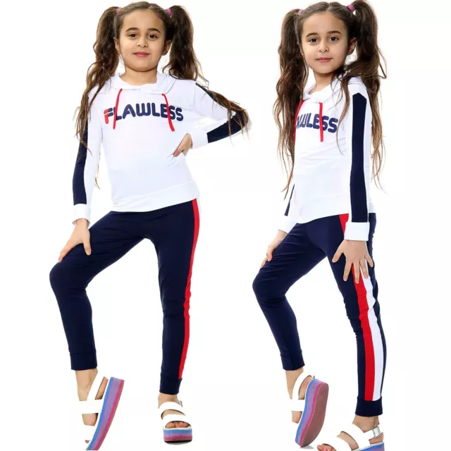 Kids Girls Hooded Tracksuit Top Bottom Navy Flawless Print Tees & Trouser Outfit