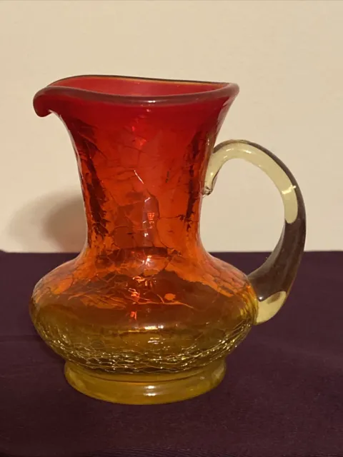 Hand Blown Cracked Glass Amberina Red Yellow Orange small Pitcher/Vase Handle 4”