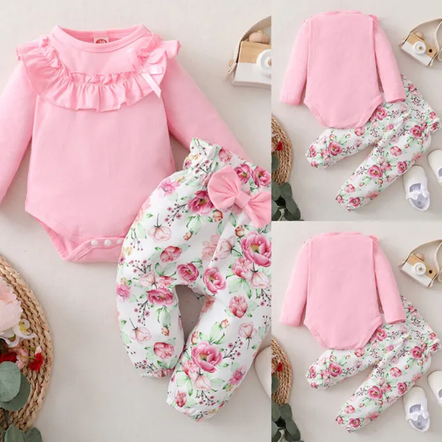 Newborn Baby Girls Ruffle Romper Bodysuit Tops Floral Pants Clothes Outfit Set