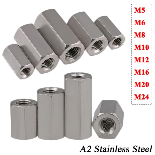HQ M5 to M24 Full Thread Hex Coupling Nuts Sleeve Thread Rod Stud A2 Stainless