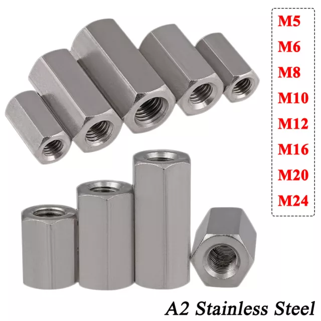 HQ M5 to M24 Full Thread Hex Coupling Nuts Sleeve Thread Rod Stud A2 Stainless