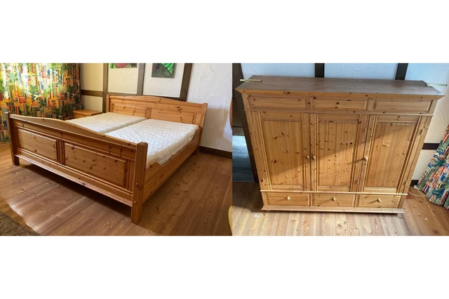 Macizo Dormitorio (Armario / Cama Doble / 1 Nachtischen ),Kiefer-Natur-Patiniert