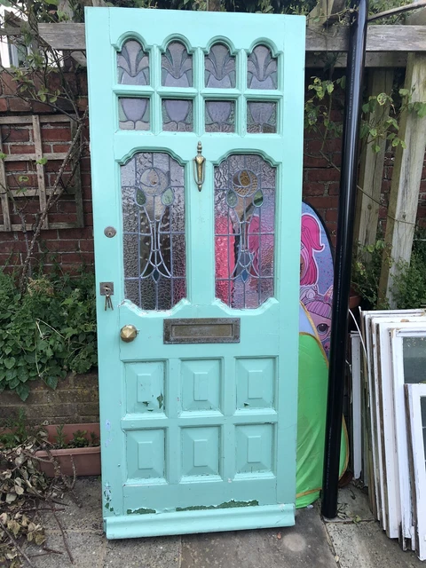Original Antique  Leaded Stained Glass Door with Mortice Lock & Keys 80 x 200cm