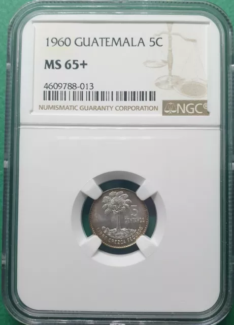 1960 Guatemala 5 Centavos Silver Toning Ngc Ms 65+ High!