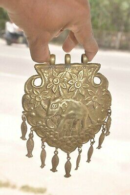 Old Brass Handcrafted Heart Shape Elephant & Flowers Engraved Tribal Pendant