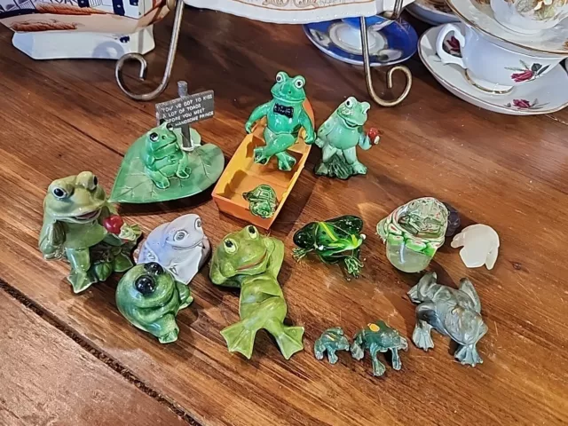 14 Collectibles Frogs Figurine Miniature Glass Porcelain Metal