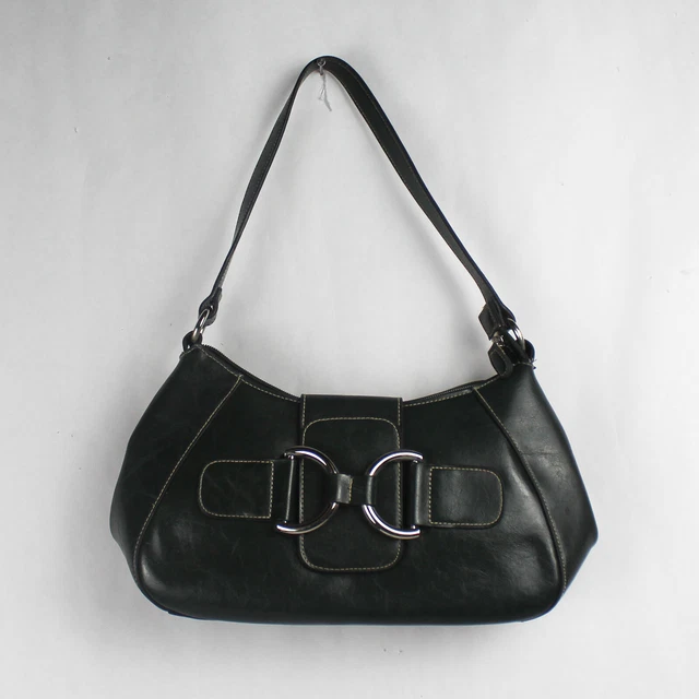 Vintage Dark Forest Green Shoulder Bag Purse Saddle Buckle Faux Leather Zipper