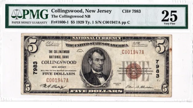 $5 1929 T1 National COLLINGSWOOD New Jersey NJ "Rare" ((Only 12 on Census))