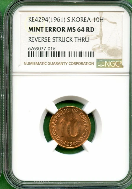 Korea  1961  10 Hwan  Mint Error   Ngc  Ms 64  Rd   Reverse Struck Thru