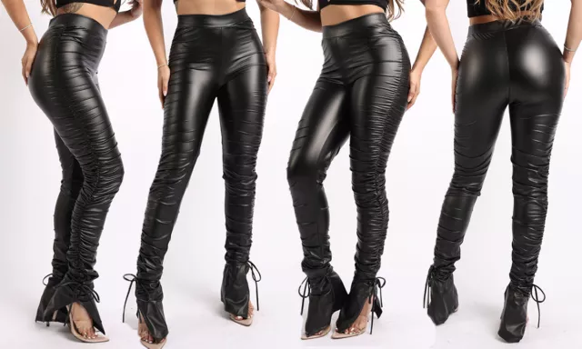 Womens PU Ruched Leggings With Strappy Slit Hem Faux Leather Stacked Pants XS-3X