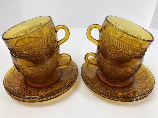 Tiara Indiana Amber Sandwich Glass Cup and Saucer Set (8) Total 1960's Vintage