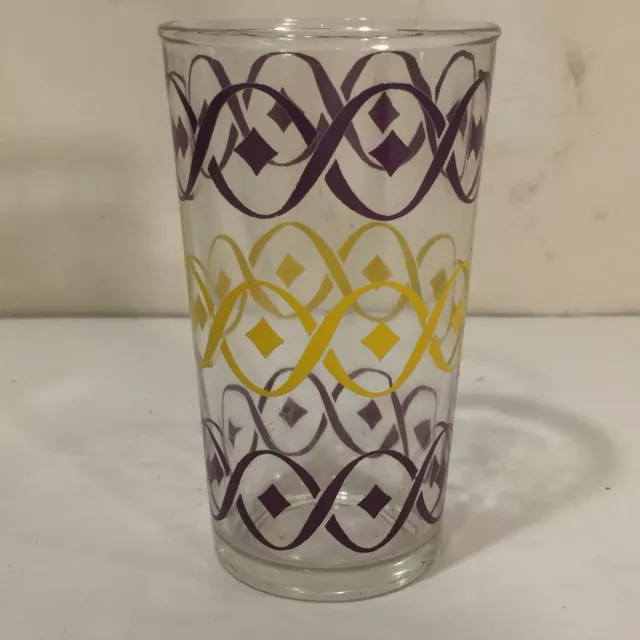 Vtg MCM Hazel Atlas Swanky Swig Glass 1950's Geometric Yellow & Purple Design